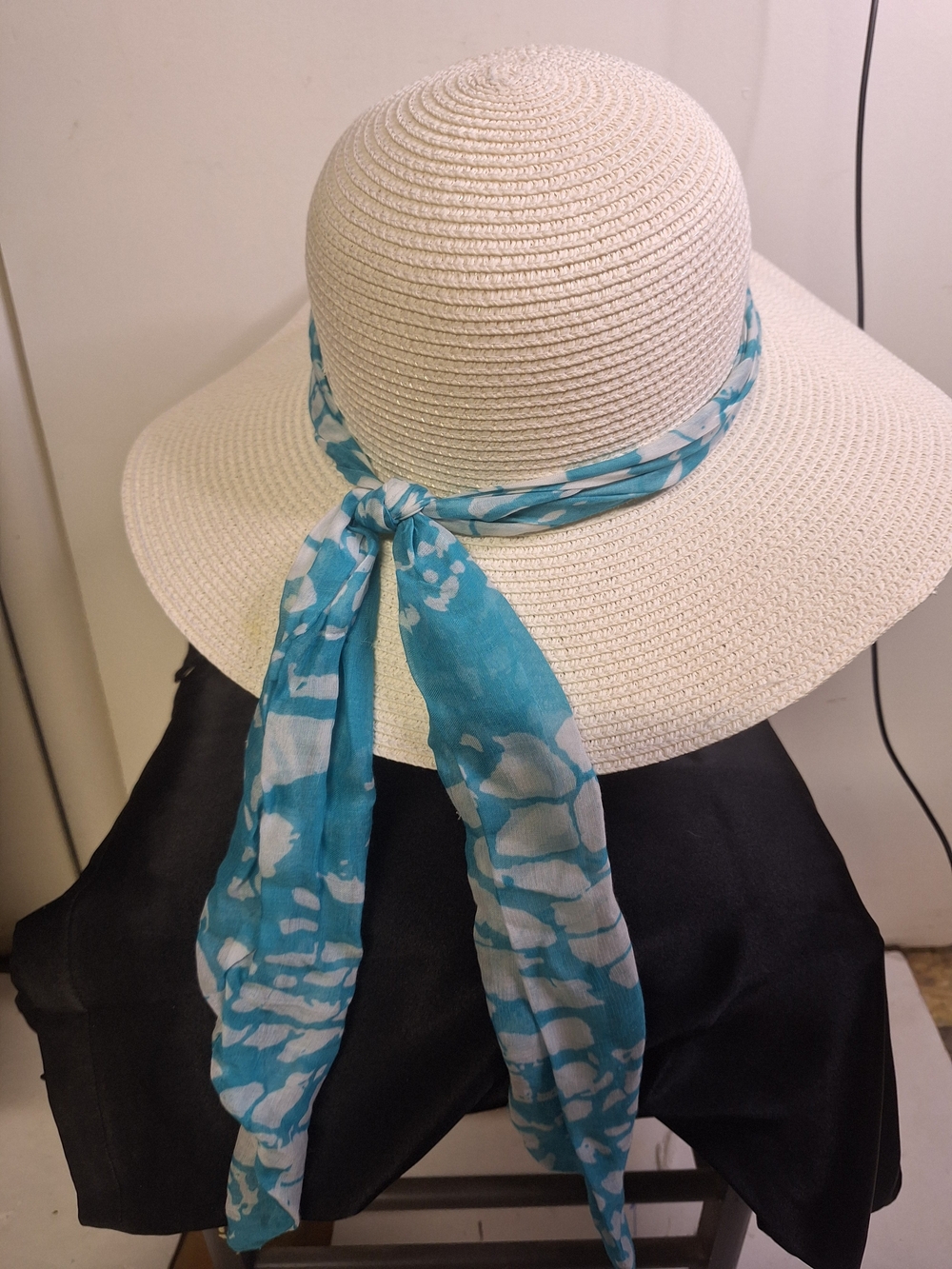 Indigo Cream Straw Sun Hat with Turquoise Scarf Tie